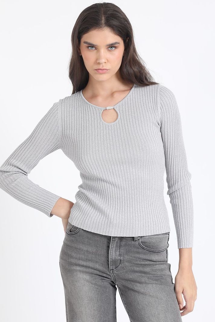Sweater Tejido Punto Con Hilo Metalizado , Gris Liola-0