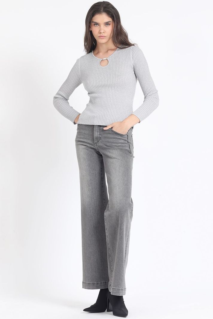 Sweater Tejido Punto Con Hilo Metalizado , Gris Liola-1