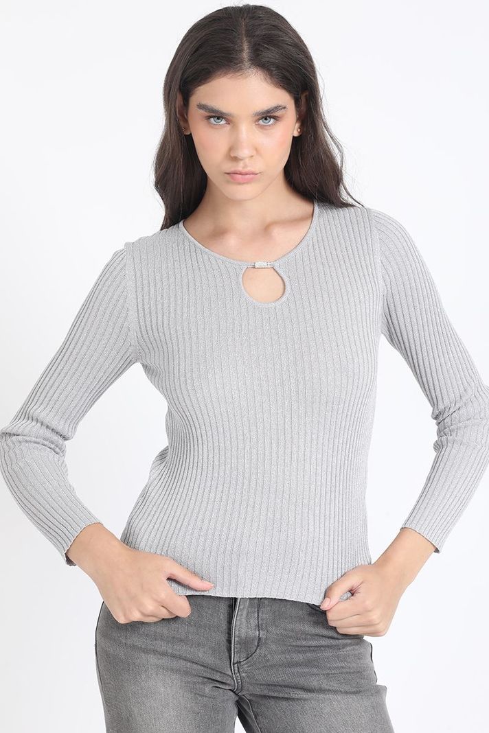Sweater Tejido Punto Con Hilo Metalizado , Gris Liola-3