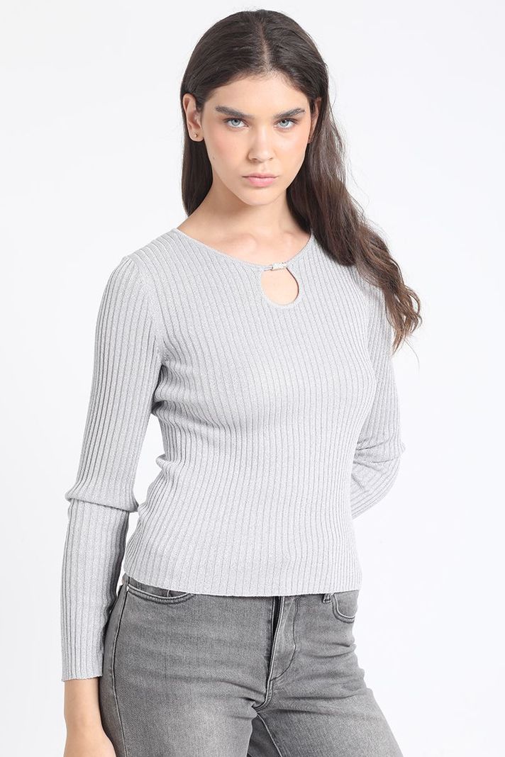 Sweater Tejido Punto Con Hilo Metalizado , Gris Liola-5