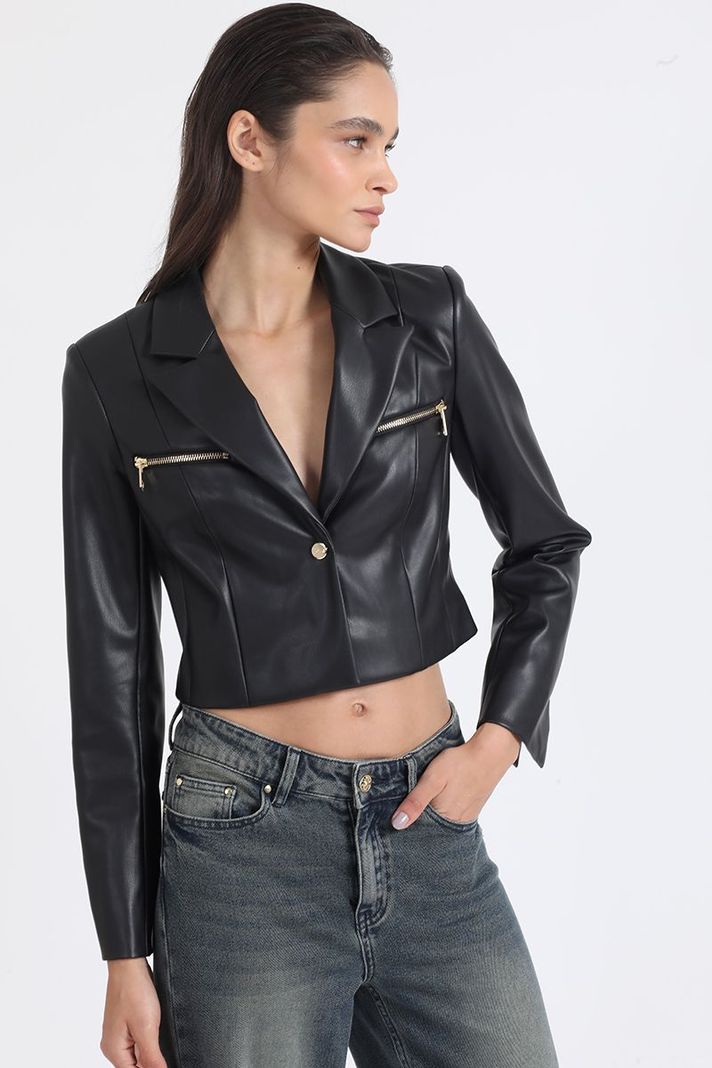 Blazer Crop Efecto Cuero Con Cierres, Negro Liola-0