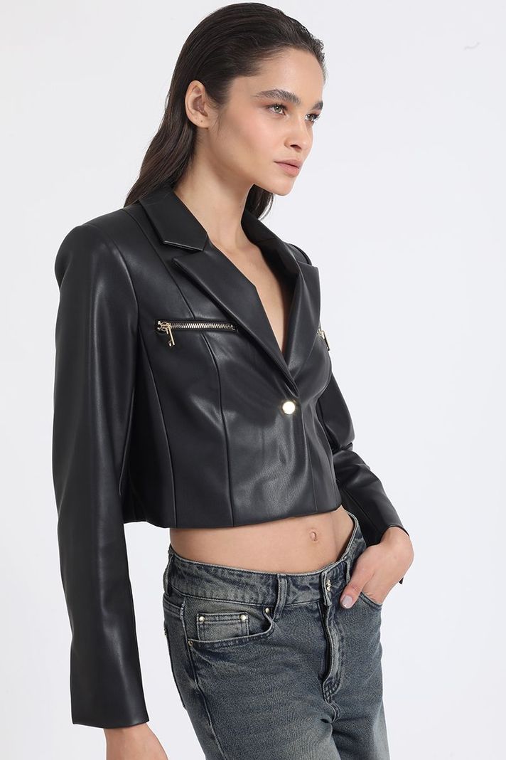Blazer Crop Efecto Cuero Con Cierres, Negro Liola-2