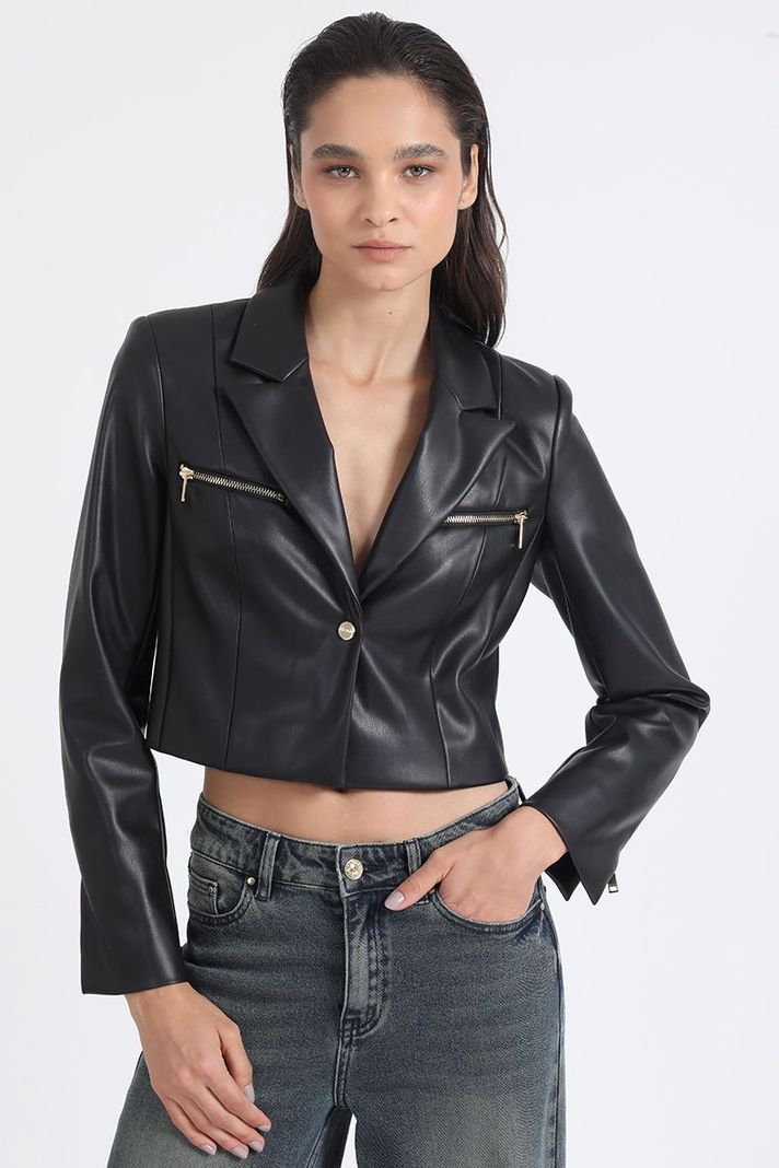 Blazer Crop Efecto Cuero Con Cierres, Negro Liola-3