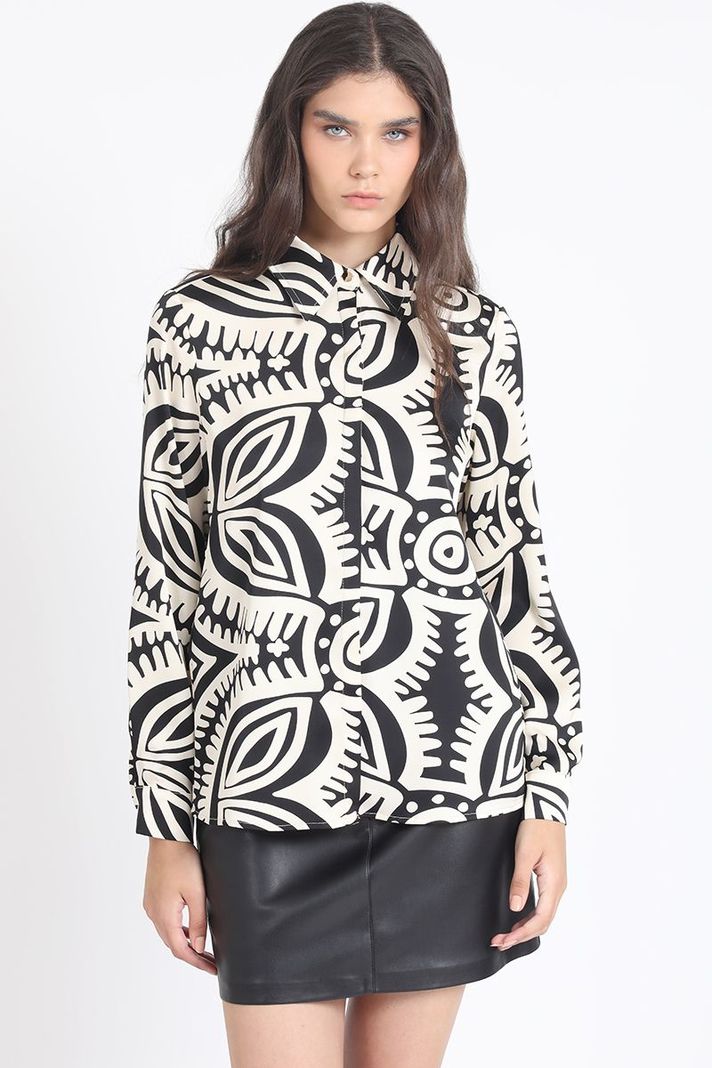 Camisa Satin Estampado Bicolor Boho, Negro Liola-0