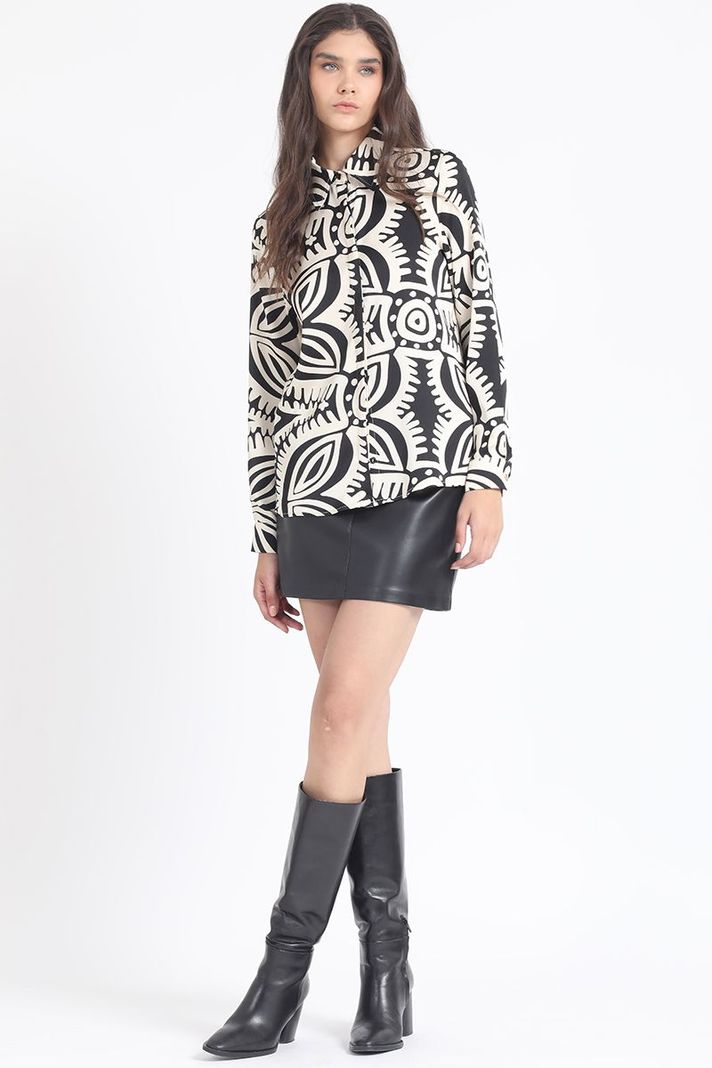 Camisa Satin Estampado Bicolor Boho, Negro Liola-1