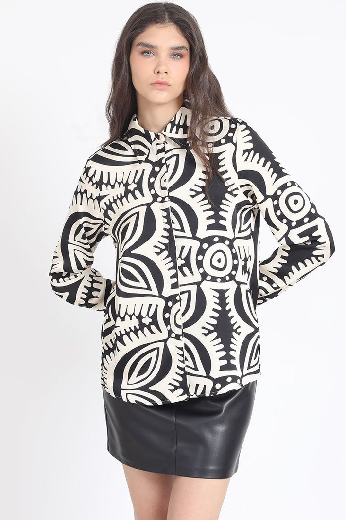 Camisa Satin Estampado Bicolor Boho, Negro Liola-3