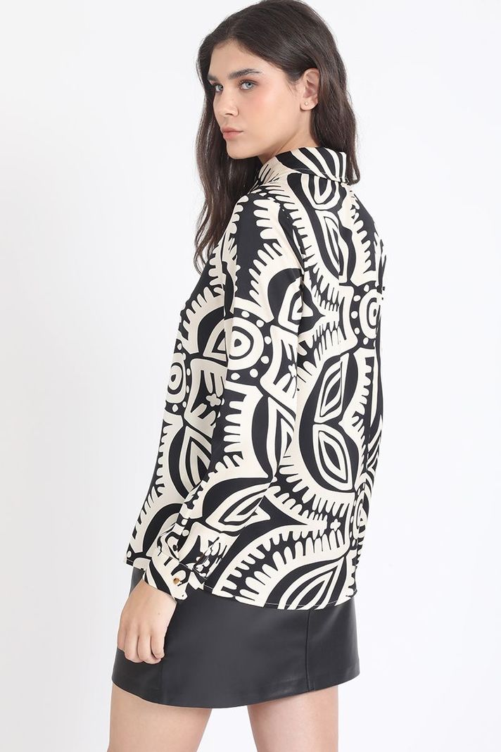 Camisa Satin Estampado Bicolor Boho, Negro Liola-4