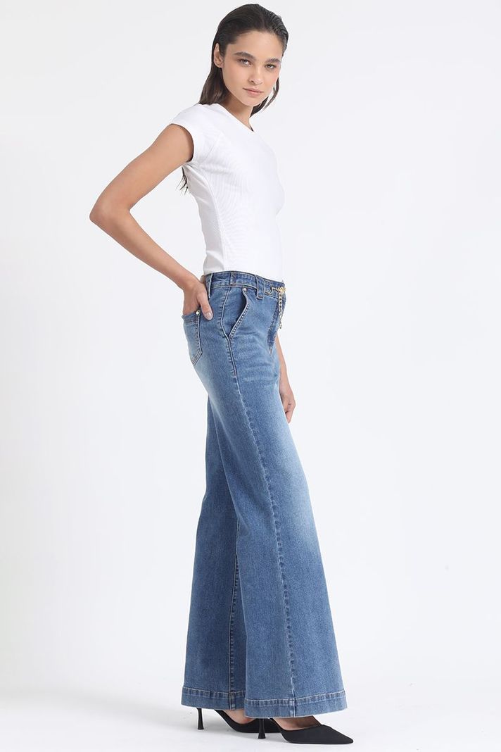 Jeans Palazzo Tiro Medio, Aplicación Cadena, Azul Liola-0