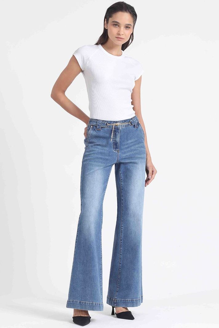 Jeans Palazzo Tiro Medio, Aplicación Cadena, Azul Liola-1