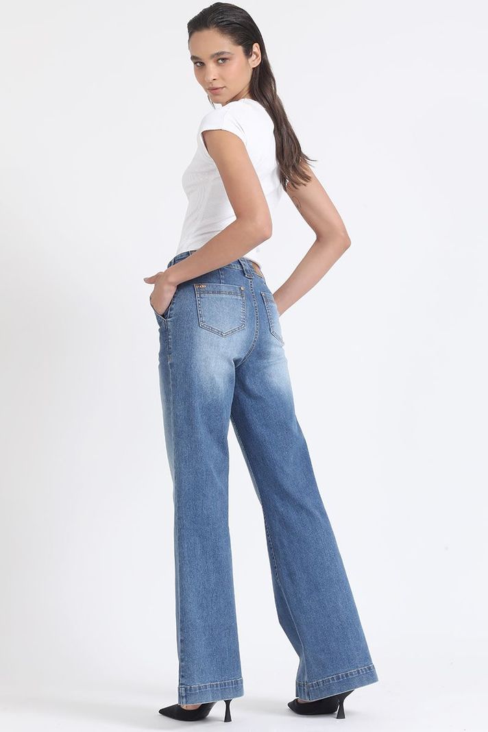 Jeans Palazzo Tiro Medio, Aplicación Cadena, Azul Liola-2