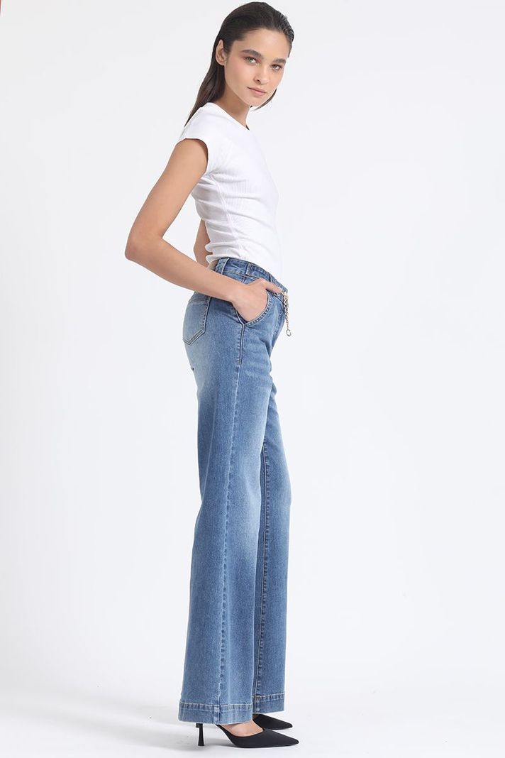 Jeans Palazzo Tiro Medio, Aplicación Cadena, Azul Liola-3