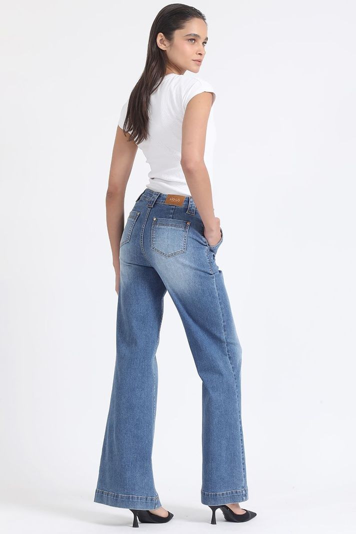 Jeans Palazzo Tiro Medio, Aplicación Cadena, Azul Liola-4