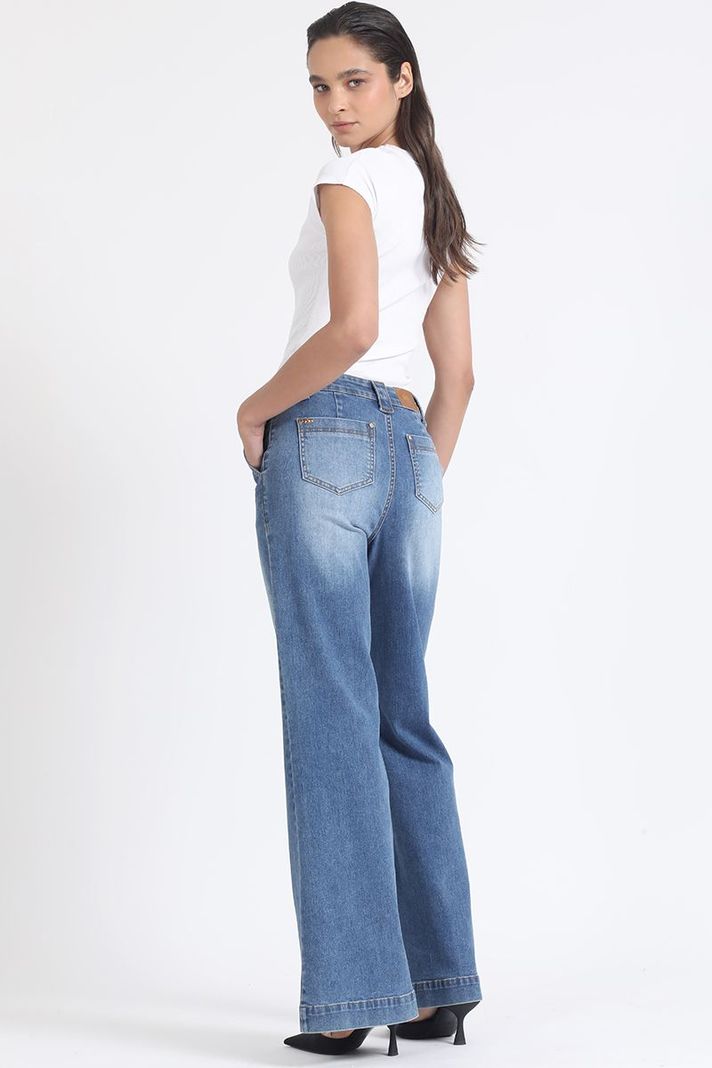 Jeans Palazzo Tiro Medio, Aplicación Cadena, Azul Liola-5