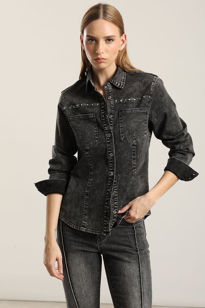 Camisa Denim Tachas, Gris Liola S