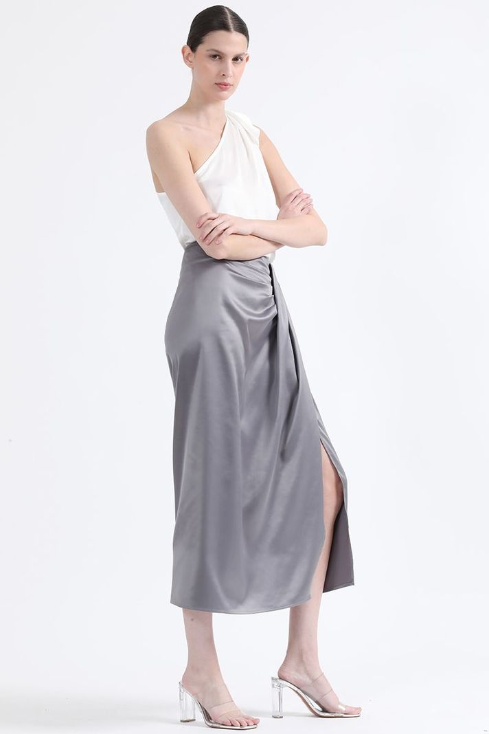 Falda Midi Cruce Asimetrico, Satin Plateado Liola-1