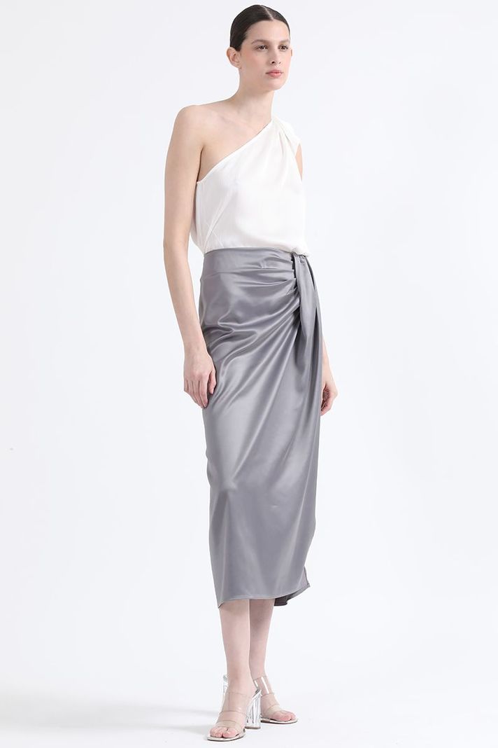 Falda Midi Cruce Asimetrico, Satin Plateado Liola-3
