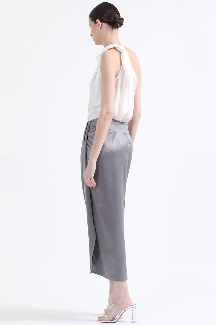Falda Midi Cruce Asimetrico, Satin Plateado Liola-4
