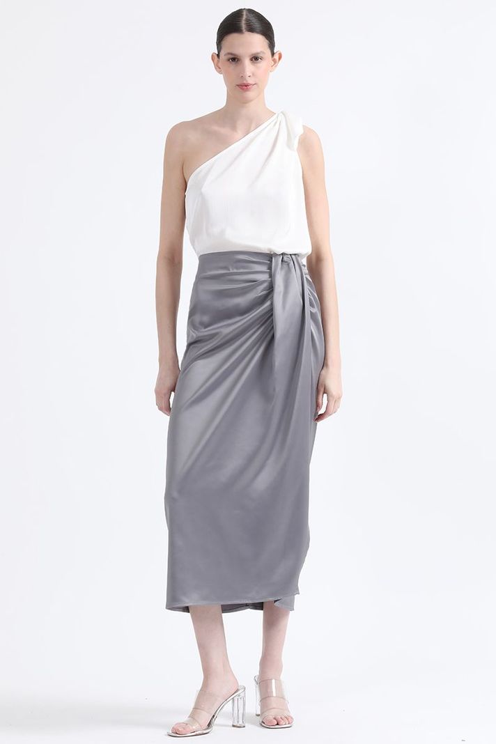 Falda Midi Cruce Asimetrico, Satin Plateado Liola-5