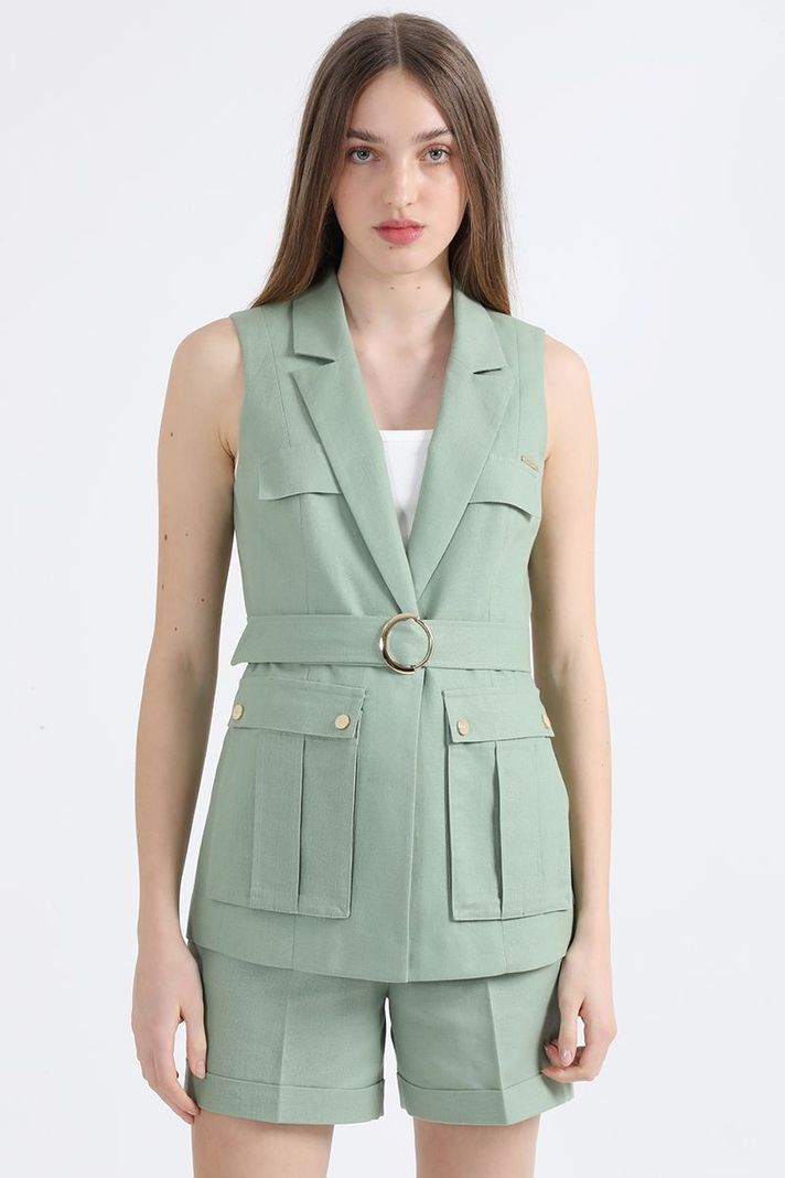 Chaqueta Sin Mangas Cargo, Lino Algodón, Verde Liola-0