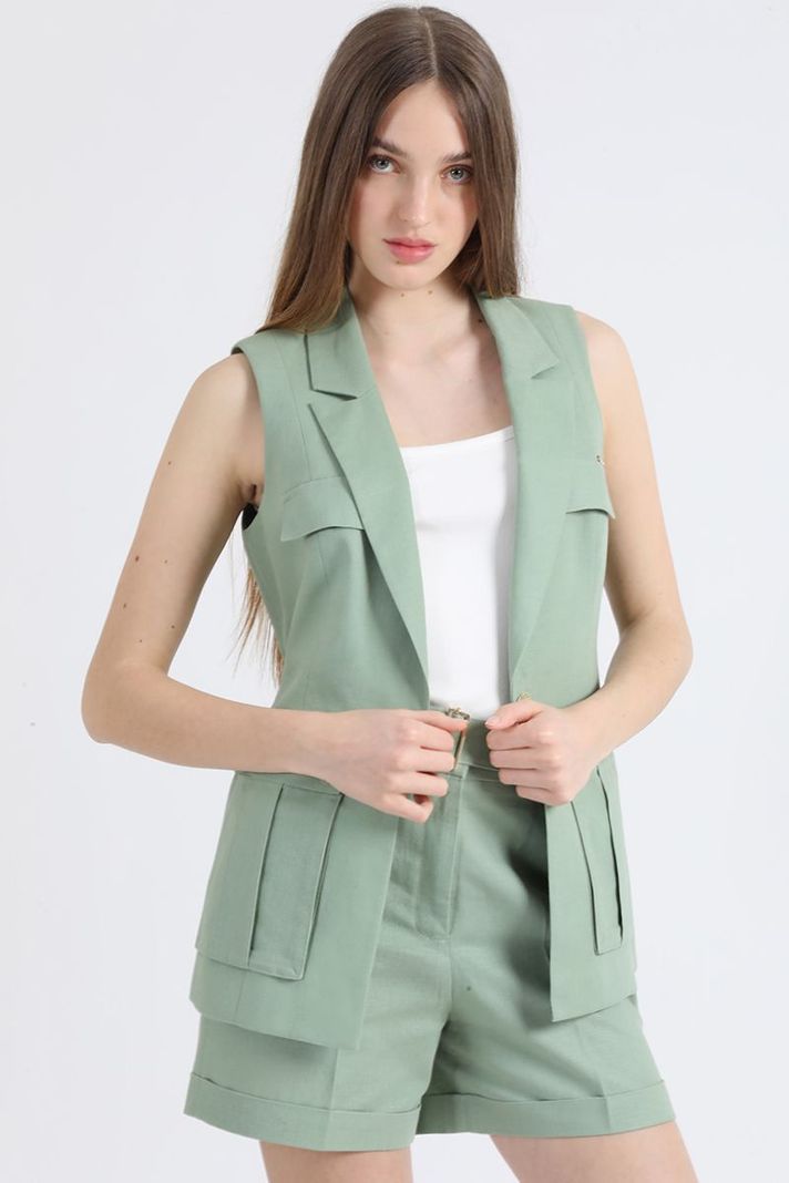 Chaqueta Sin Mangas Cargo, Lino Algodón, Verde Liola-2