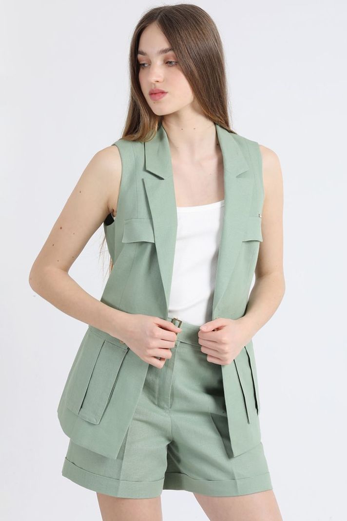 Chaqueta Sin Mangas Cargo, Lino Algodón, Verde Liola-3
