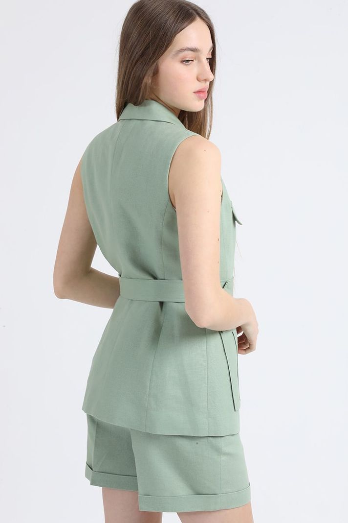 Chaqueta Sin Mangas Cargo, Lino Algodón, Verde Liola-4