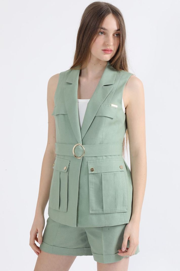 Chaqueta Sin Mangas Cargo, Lino Algodón, Verde Liola-5