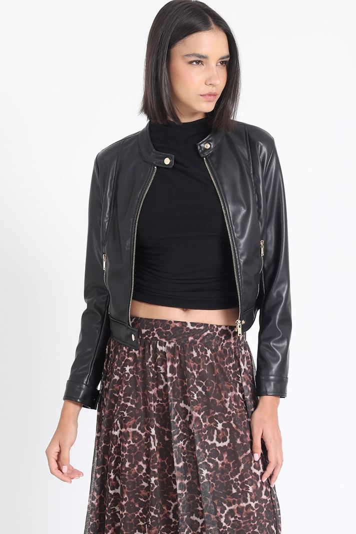 Chaqueta Crop Efecto Cuero, Negro Liola-0