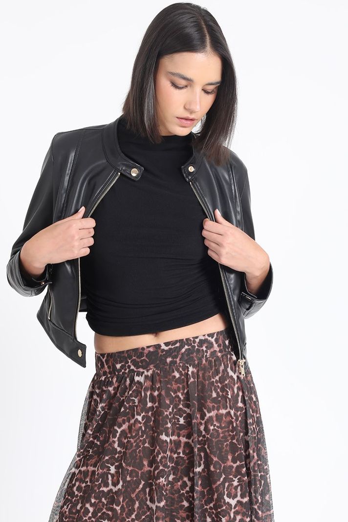 Chaqueta Crop Efecto Cuero, Negro Liola-3