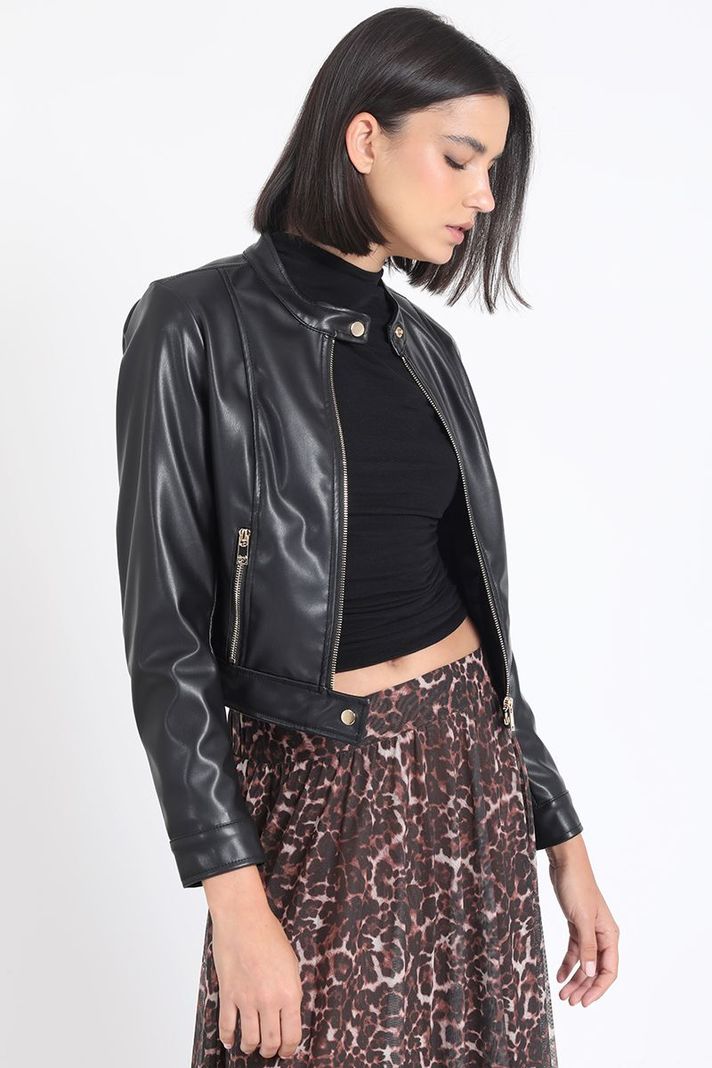 Chaqueta Crop Efecto Cuero, Negro Liola-4