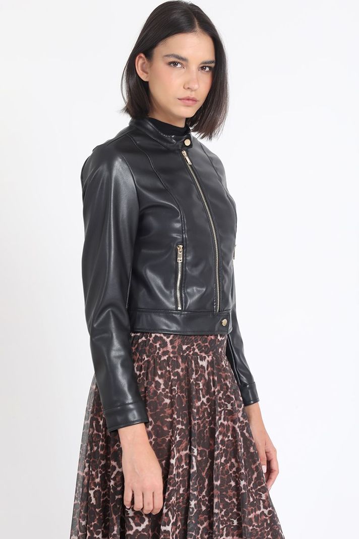 Chaqueta Crop Efecto Cuero, Negro Liola-6
