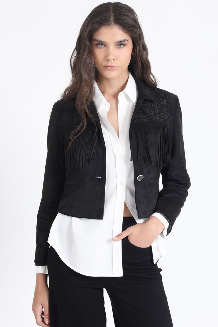 Chaqueta Cropped Efecto Gamuza, Flecos, Negro Liola-0