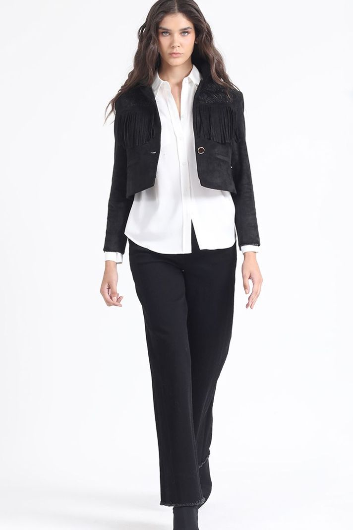 Chaqueta Cropped Efecto Gamuza, Flecos, Negro Liola-1