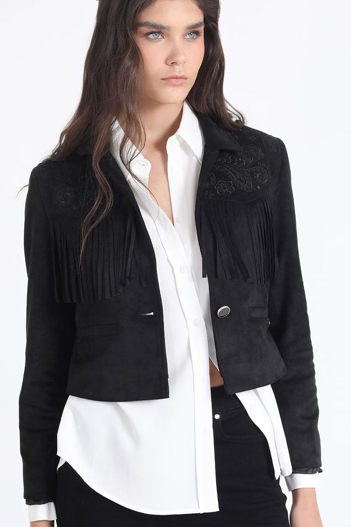 Chaqueta Cropped Efecto Gamuza, Flecos, Negro Liola-2