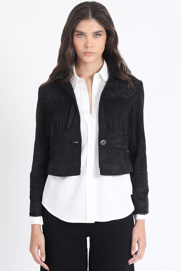 Chaqueta Cropped Efecto Gamuza, Flecos, Negro Liola-3