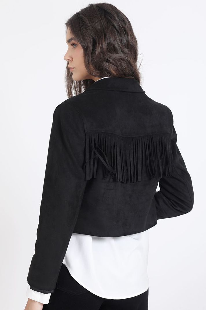 Chaqueta Cropped Efecto Gamuza, Flecos, Negro Liola-4