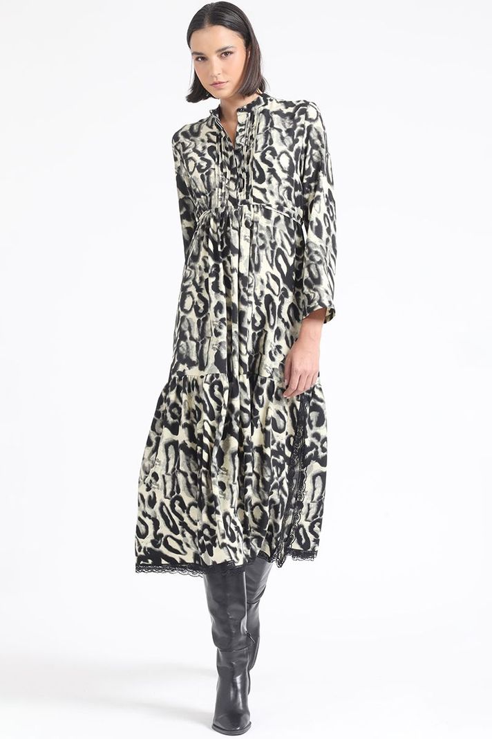 Vestido Largo, Fluido, Estampado Animal, Negro Liola-1