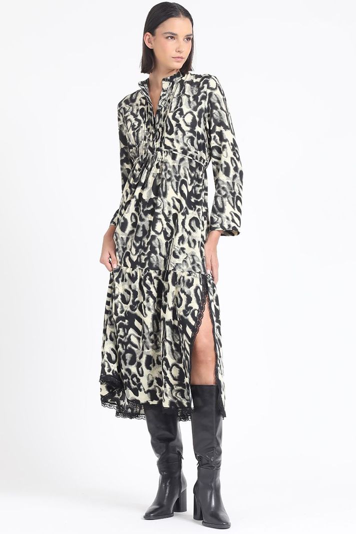 Vestido Largo, Fluido, Estampado Animal, Negro Liola-5