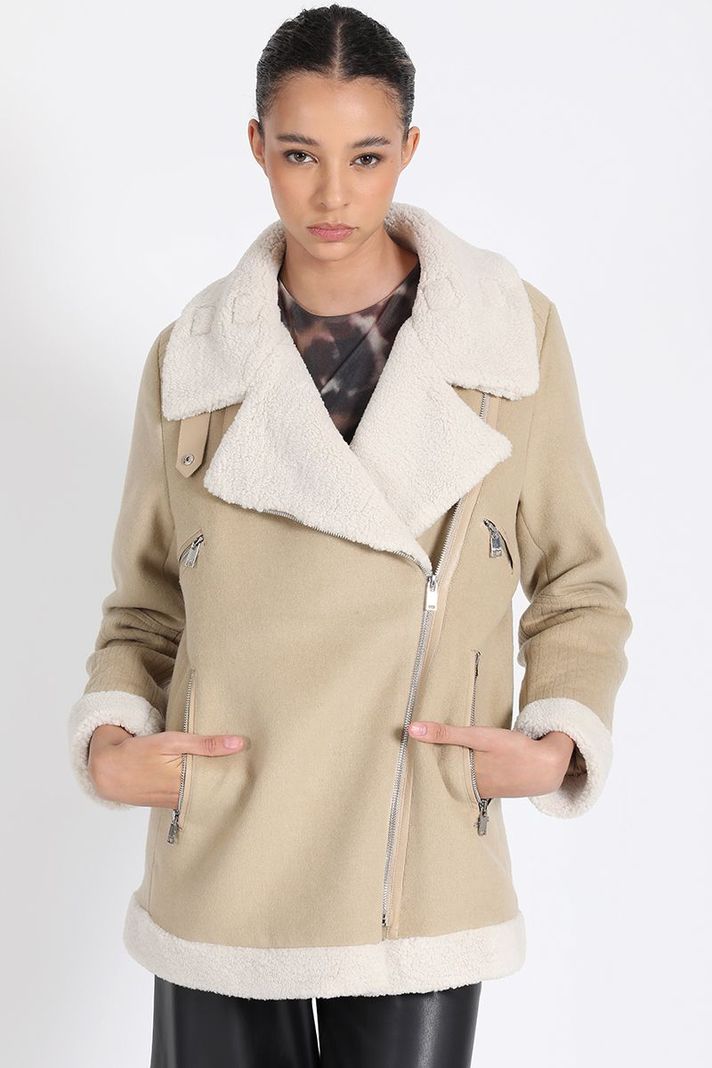 Chaqueta Larga Biker, Doble Faz Efecto Piel, Beige Liola-0