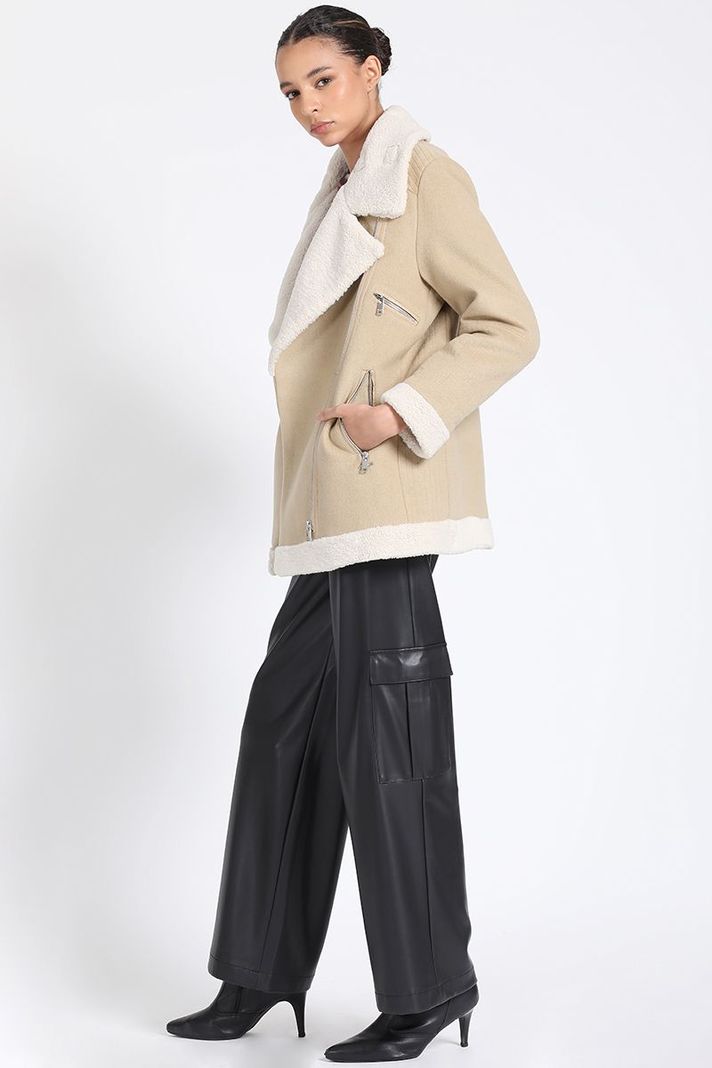 Chaqueta Larga Biker, Doble Faz Efecto Piel, Beige Liola-4