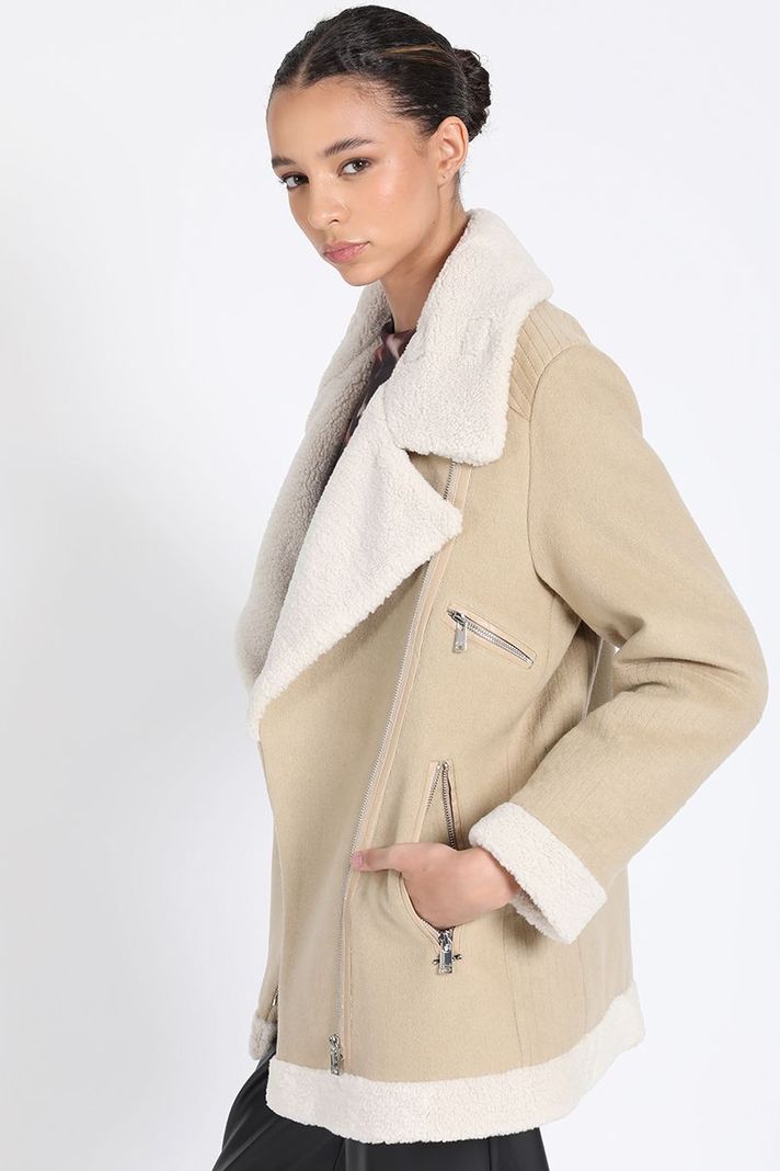 Chaqueta Larga Biker, Doble Faz Efecto Piel, Beige Liola-6