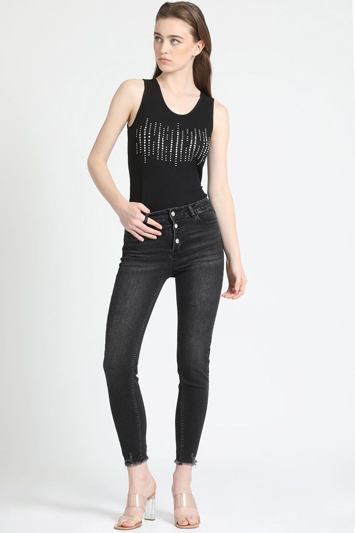 Jeans Skinny Tiro Medio, Botones Joya, Negro Liola-1