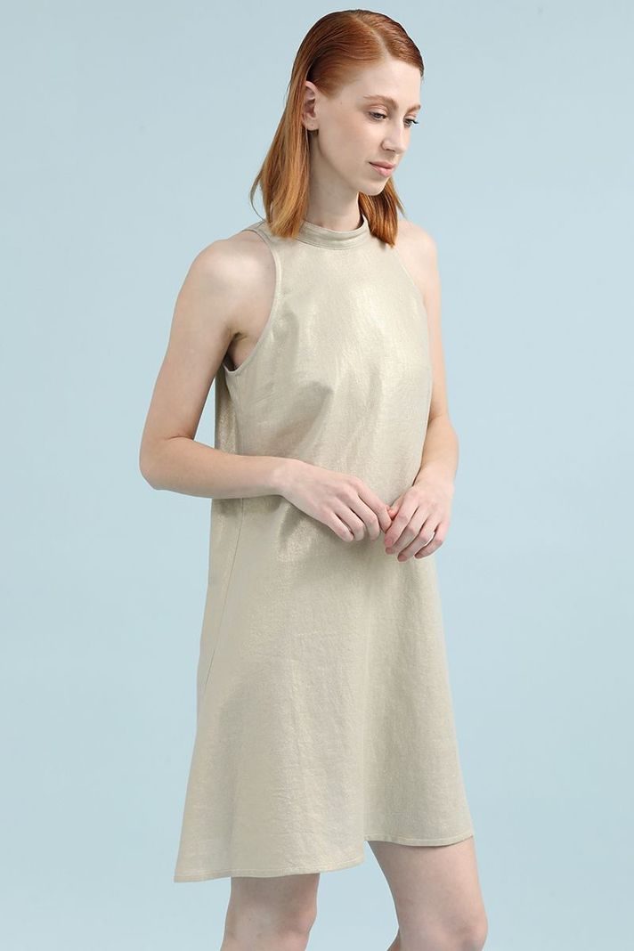 Vestido Midi Con Lino Folia, Beige Liola-3