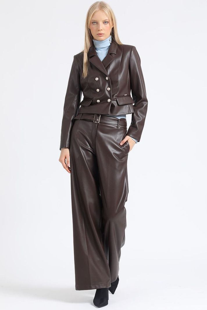 Blazer Crop Cruzado Efecto Cuero, Chocolate Liola-1