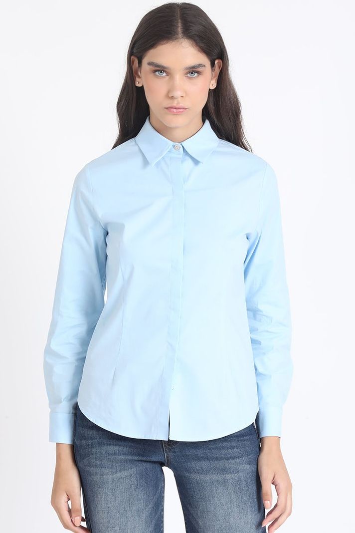 Camisa Basica Algodón Poplin, Boton Joya, Celeste Liola-0