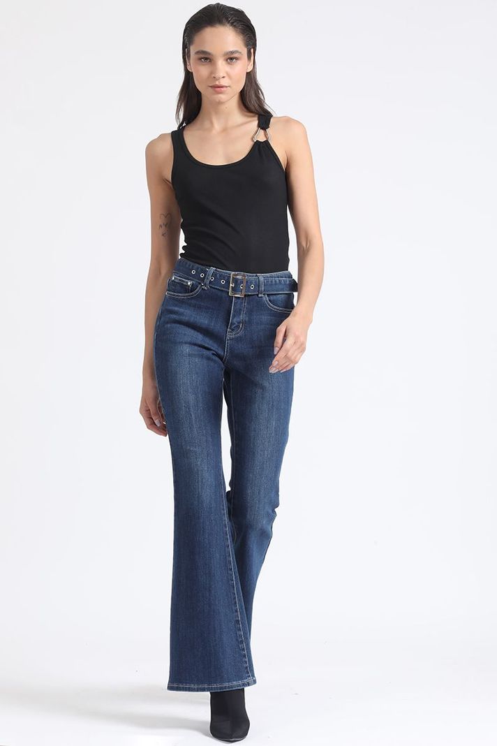 Jeans Flare Tiro Medio, Con Cinturon, Azul Liola-0