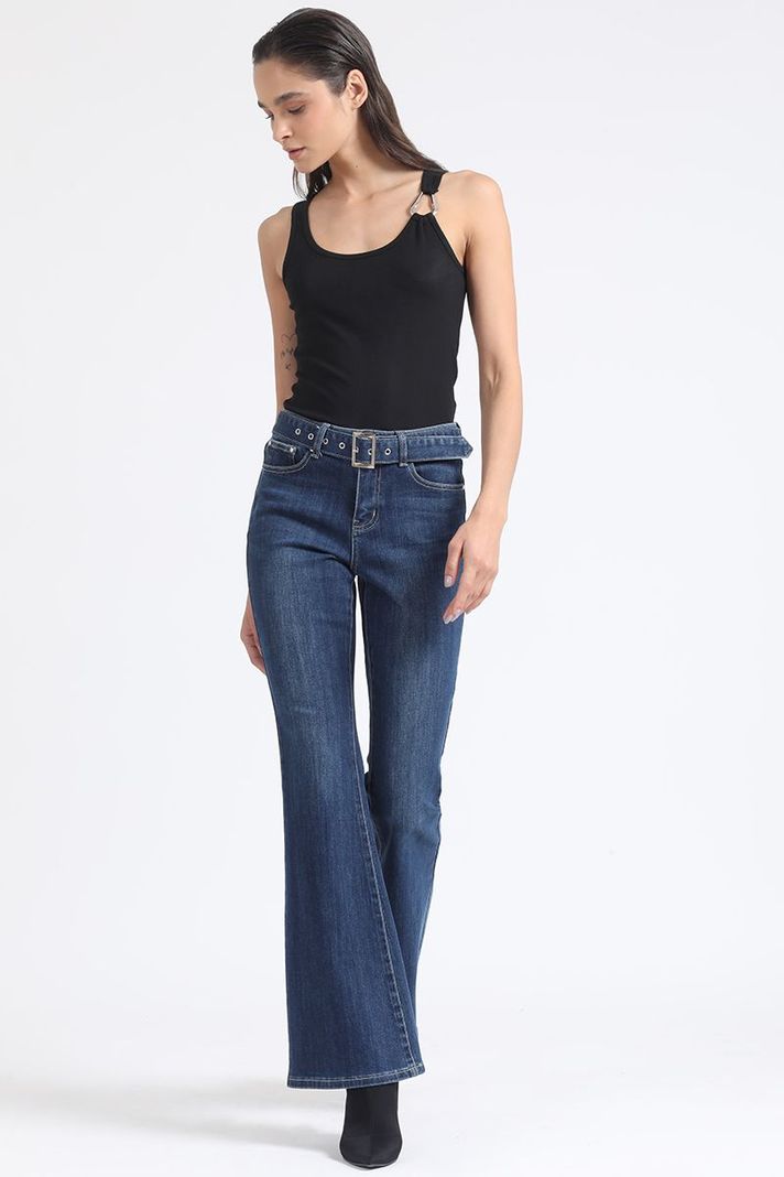Jeans Flare Tiro Medio, Con Cinturon, Azul Liola-1
