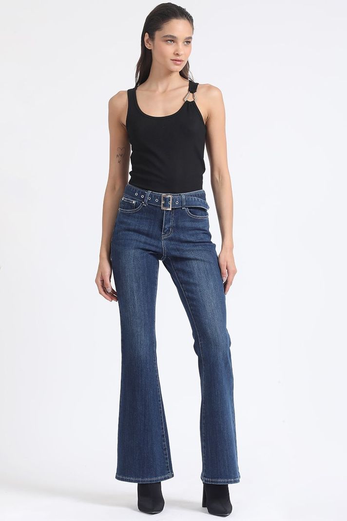 Jeans Flare Tiro Medio, Con Cinturon, Azul Liola-2