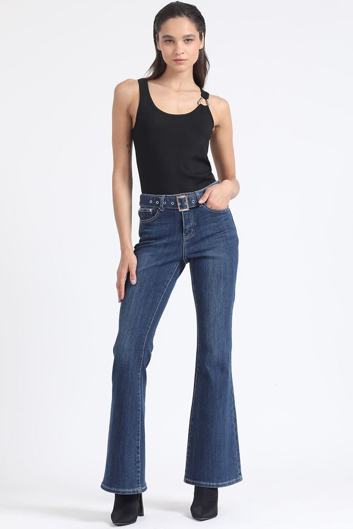 Jeans Flare Tiro Medio, Con Cinturon, Azul Liola-3