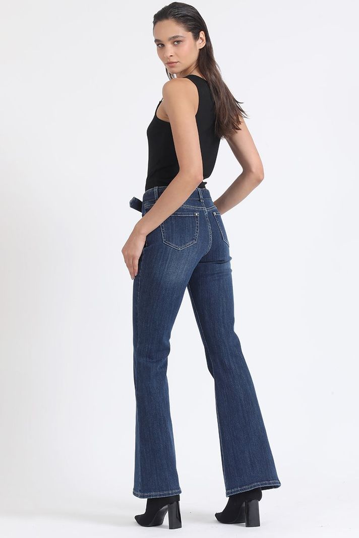Jeans Flare Tiro Medio, Con Cinturon, Azul Liola-5